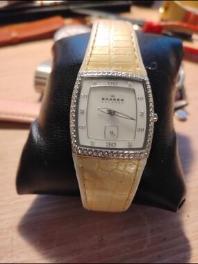 Skagen Crystal-Trim Watch with Pale Yellow Leather Strap
